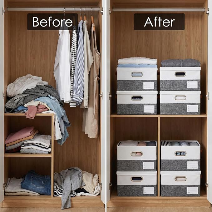 PRANDOM Storage Bins with Lids [3-Pack] Linen Fabric Foldable Storage Boxes Organizer Containers Baskets Cube with Cover for Bedroom Closet Office Grey&White（11.4X8.6X6.7 - Image 3