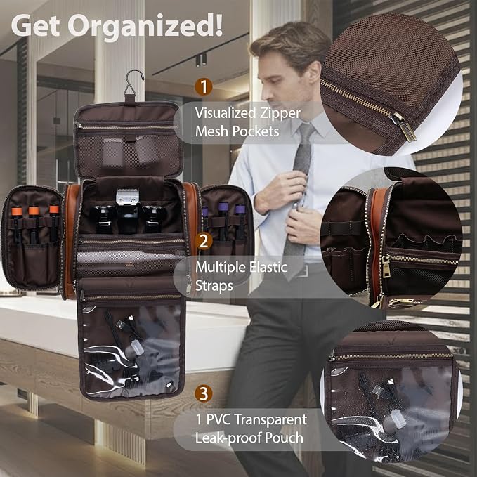 EURYNOME Leather Toiletry Bag For Men Women,Full Grain Leather Toiletries Organizer,Travel Hanging Toiletry Bag Large Water-resistant Bathroom Shaving Kit for Cosmetics, Makeup Case Travel Dopp Kit - Image 4