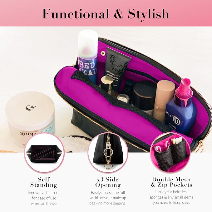KUSSHI Washable Travel Makeup & Cosmetic Bag - Brush Organizer Sold Separately (Vacationer, Satin Black/Pink) - Image 3