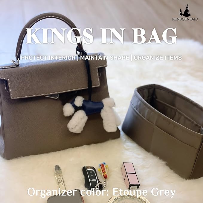 Women's Purse Organizer Insert - Satin & Lightweight Fabric with Inside Pockets, Portable for Commute, Travel, Shopping, and Evening, Multicolor Options, Fits for Kelly 35(Etoupe grey, KL35) - Image 2