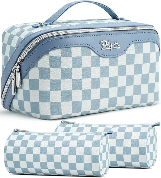 BOYATU Travel Makeup Bag Organizer Cosmetic Bag: 3 Pcs Set Make up Bags for Women with Handle - Waterproof Vegan Leather Toiletry Bag (01-G-Blue) by BOYATU