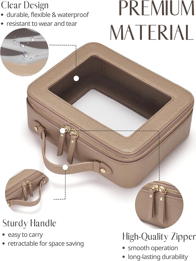 Popvibe Clear Makeup Bag Travel Cosmetic Case Transparent Toiletry Bag with Zipper, Portable Make Up Organizer Traveling Compact Car Bag for Essentials, Gold, Large - Image 2