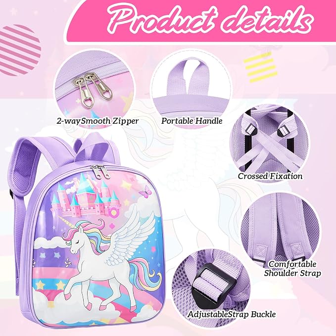 Sanwuta 4 Pcs Kids Luggage Set Back to School Gifts for Girls Boys Carry On Rolling Suitcase Backpack Neck Pillow Travel Set(18 Inch,Castle Unicorn Style,Pink Purple) - Image 3