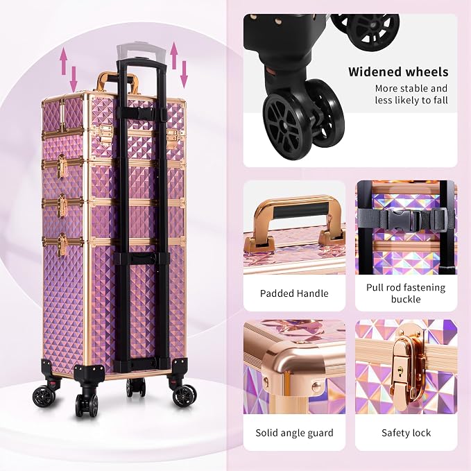 AROUS Rolling Makeup Train Case 4 in 1 Cosmetology Case on Wheels Large Storage Cosmetic Trolley with Key Salon Barber Case Traveling Cart Trunk, Pink - Image 6