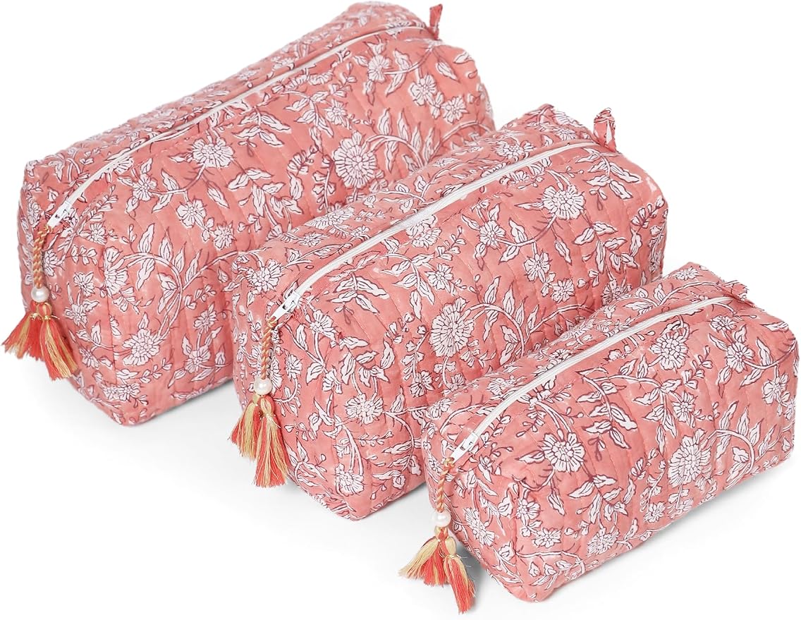 Saffron Marigold Quilted Makeup Bag Set of 3, Hand Block Printed Cotton Cosmetic Bags for Women, Waterproof Lined Travel Toiletry Bag, Coquette Floral Aesthetic, Handmade Gift, Coral Flowers by SaffronMarigold