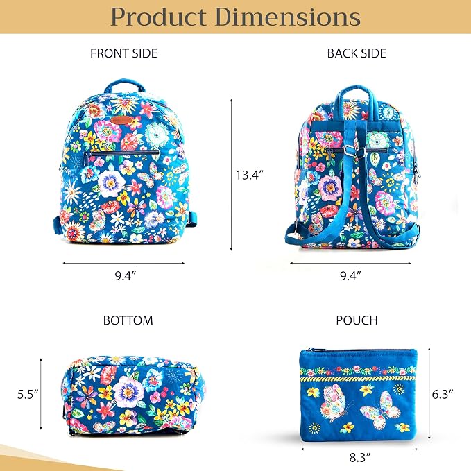 Maison d' Hermine Backpack for Women Men Cotton Shoulder Multipurpose Rucksack with Small Pouch Lightweight Multi Pocket for Travel Work Beach Perfect for Spring Summer (Happy Florals - Blue) - Image 5