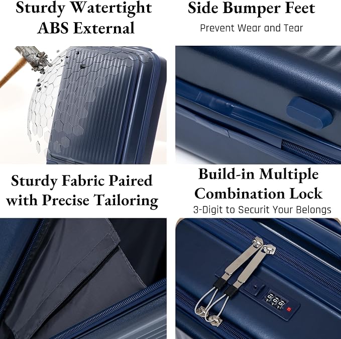 2 Pcs ABS Spinner Luggage Set - 14" Cosmetic Case & 20" Carry-On with Combination Lock, Front Opening Design, Navy Blue - Image 2