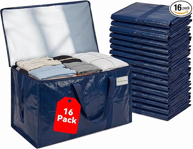 16 Pack Heavy Duty Storage Moving Bags with Zippers, Foldable Closet Organizer Storage Bin for Daily Organization, Camping, Travel, Decluttering, Transport, Packaging Moving (26.8"x13"x13.8") by Unknown