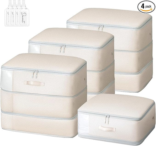 Comforter Storage Bag - Large Capacity Blanket Storage Bags 3-Layer Ultra Space Saving Self Compression Organizer, Washable Compression Bags for Storage Comforter Blanket, 4-Pack, Beige by EasortmPackingCubes