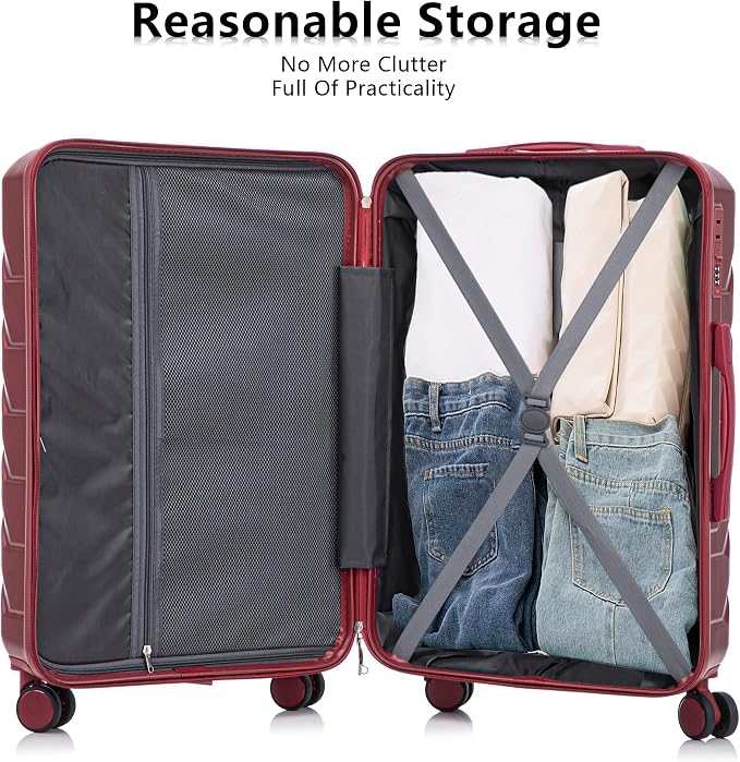 Hardshell Luggage Sets, Lightweight Stripes Suitcases with Spinner Wheels, Red-220 - Image 2