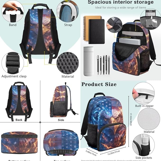 American Flag Eagle Backpack for Boys Kid's School Bag Bookbag with Insulated Lunch Bag and Pen Bag Pencil Case Water Bottle Holder Sling Bag Set - Image 4