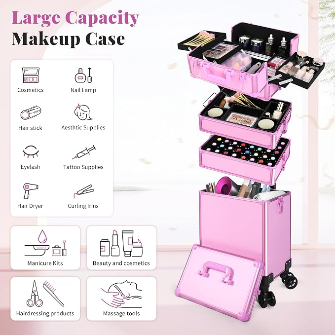 Rolling Makeup Train Case with Lid Cosmetology Case on Wheels | 5 in 1 Large Cosmetic Trolley Organizer Travel for Hairstylist Artist Nail Beauty Salon Barber Cart Trunk, Pink - Image 3