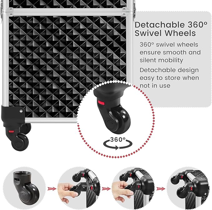 Yaheetech Rolling Makeup Train Case 3 in 1 Cosmetic Case Large Capacity Organizer with Swivel Wheels Key Cosmetic Trolley for Nail Tech Makeup - Black - Image 8