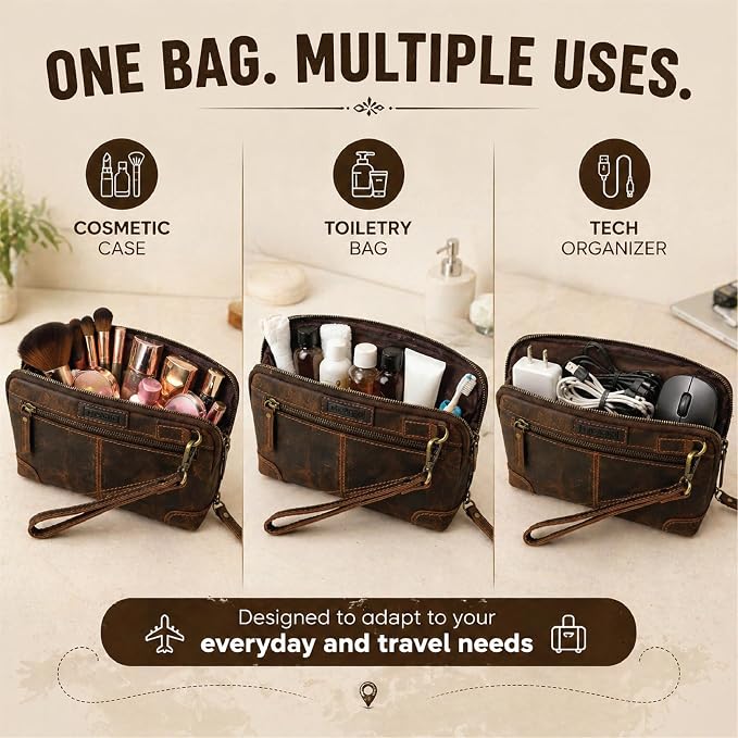 Genuine Leather Makeup Bag Travel Organizer, Premium Handcrafted Cosmetic Pouch with Zipper & Wrist Strap, Durable Toiletry Storage for Women & Men, 5 x 9- Brown - Image 4