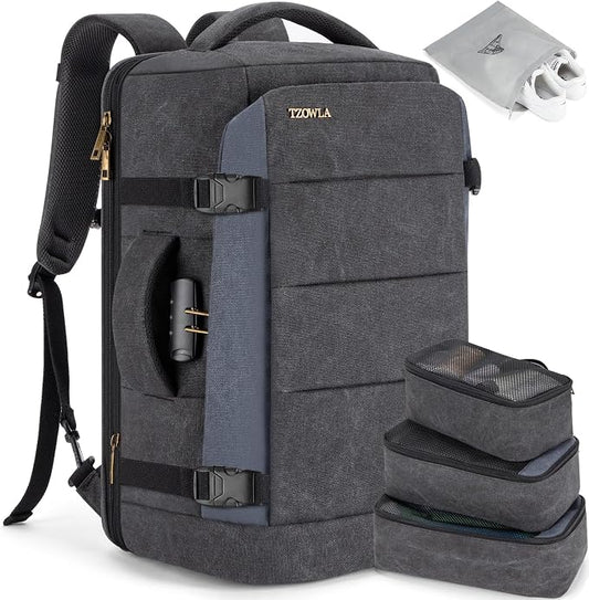 Tzowla 40L Canvas Expandable Travel Laptop Backpack for Men Women Carry on Flight Approved,Large Capacity Anti Theft Backpacks,Vintage Personal Item Bag Fit 17.3" Laptop(Black & Blue) by Tzowla