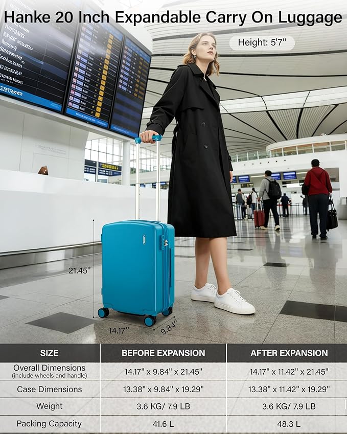 Hanke 20 Inch Expandable Carry On Luggage, 22x14x9 Airline Approved, TSA Lock Hard Shell Lightweight Suitcase for Men Women (Caribbean Blue) - Image 2