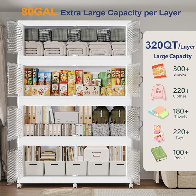 320Gal/1280QT 4-Tiers Extra Large Stackable Storage Bins with Lid, Collapsible Cabinet Closet Organizer Plastic Container Box with Wheels Doors Drawers for Office Dorm Kitchen, White - Image 3