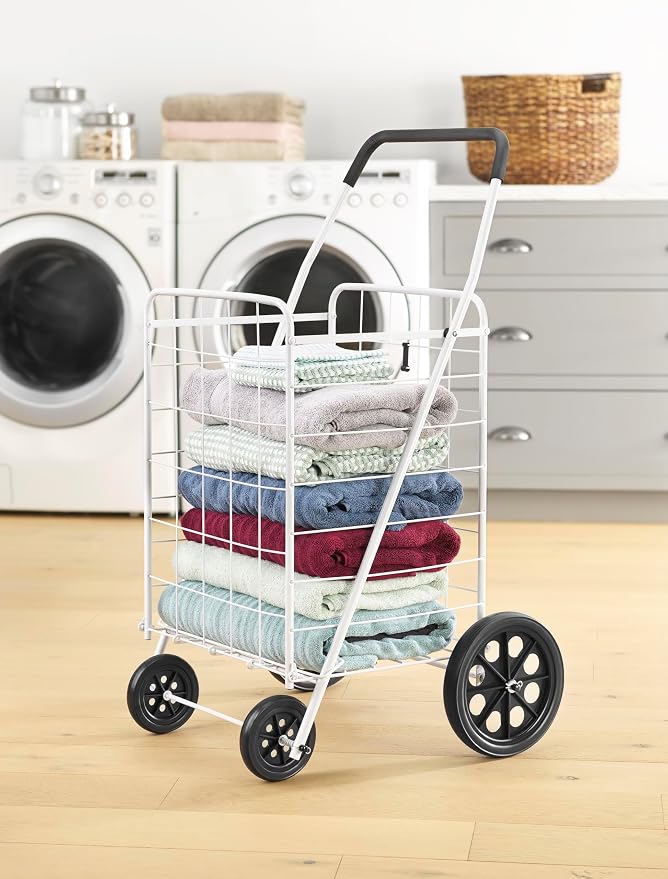 Whitmor Deluxe Utility Foldable Shopping Cart with Wheels, 100 Lb Capacity, Heavy Duty Grocery Cart with Steel Frame, Foam Handle, Rolling Folding Utility Trolley for Grocery, Laundry, Travel, White - Image 2