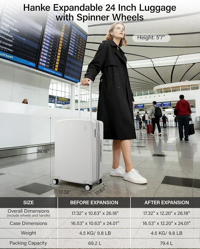 Hanke 24 Inch Expandable Hard Sided Luggage with Spinner Wheels, Checked Luggage for Travel, Hard Shell Suitcases With Wheels Durable Medium Suitcase for Woman Men with Tsa Lock(Smoke White) - Image 2