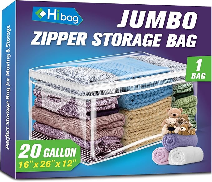 Large Storage Bag for Clothes, Jumbo Zipper Totes | 20 Gallon xxl, Flexible, Clear Extra Thick Plastic, Reinforced Handles, Double Zip by HIBAG