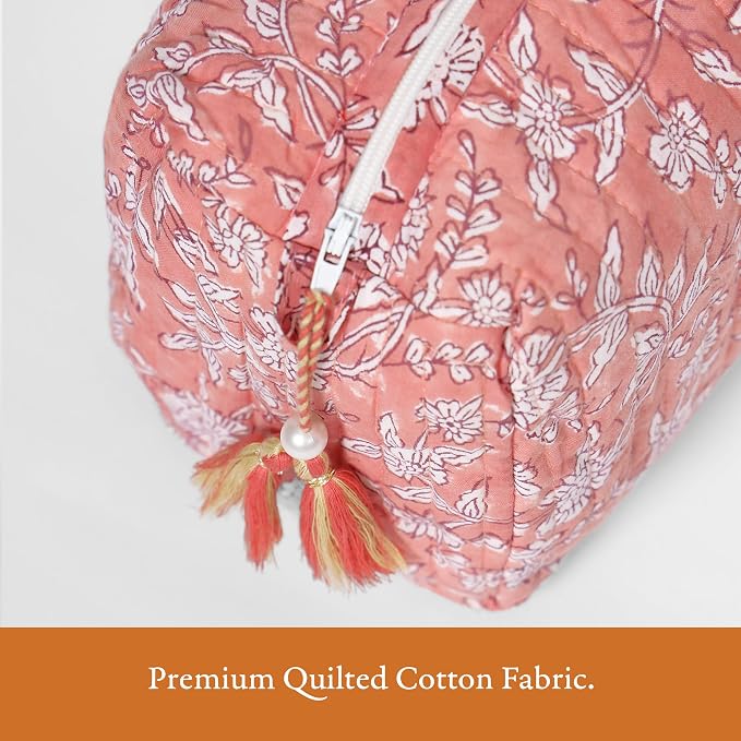 Saffron Marigold Quilted Makeup Bag Set of 3, Hand Block Printed Cotton Cosmetic Bags for Women, Waterproof Lined Travel Toiletry Bag, Coquette Floral Aesthetic, Handmade Gift, Coral Flowers - Image 6