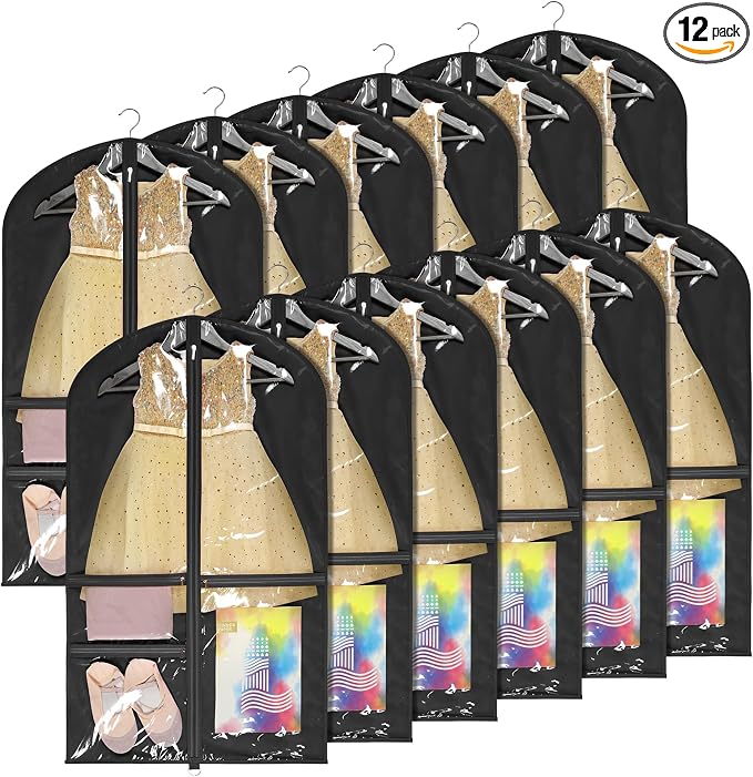 Univivi 40 Inch Kids Dance Costume Garment Bag, Dance Competition Garment Bags for Teens With 3 Medium Clear Zipper Pockets for Storage And Travel (Black) - 12 Pack by Univivi