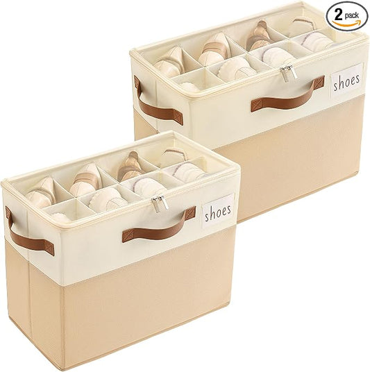 Varhomax Shoe Organizer Box 2 Pack for Closet,Small Fabric Shoe Storage Bin with Adjustable Dividers & Clear Cover, Saving Space Sneakers & Sandals Containers for Entryway, Cubby by Varhomax