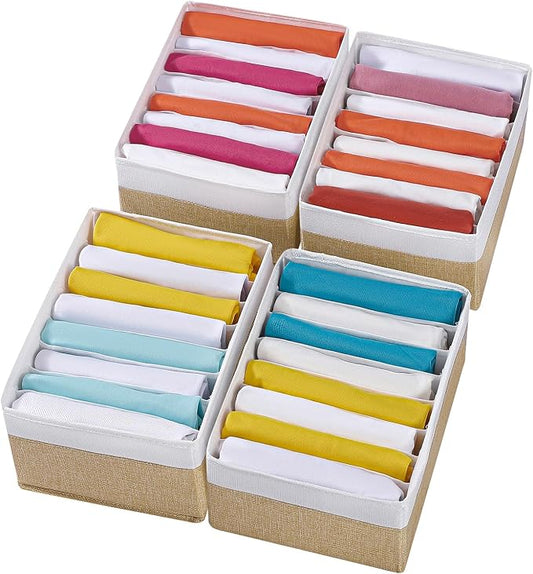 4 Packs T-shirt Drawer Organizers for Clothing,8 Grids Compartment Wardrobe Storage Box, Washable Clothes Organizer for Folded Clothes, Legging, Silk Scarve-12.59''x9.05''x5.9-BeigeWhite by Coorganisers