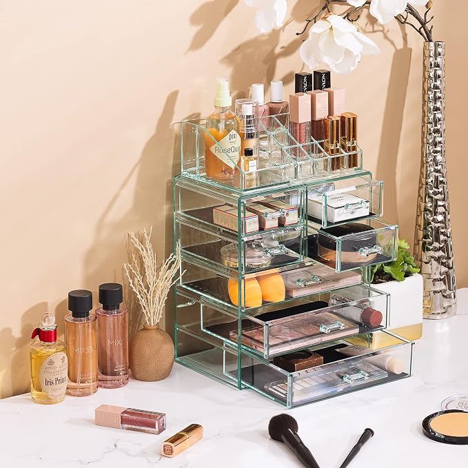 Sorbus Acrylic Makeup Organizer Set, 7-Drawer Vanity & Countertop Cosmetic Storage with Small & Wide Compartments, Teal Thrill Makeup Storage for Brushes, Jewelry – Holiday Gift for Women & Teens - Image 5