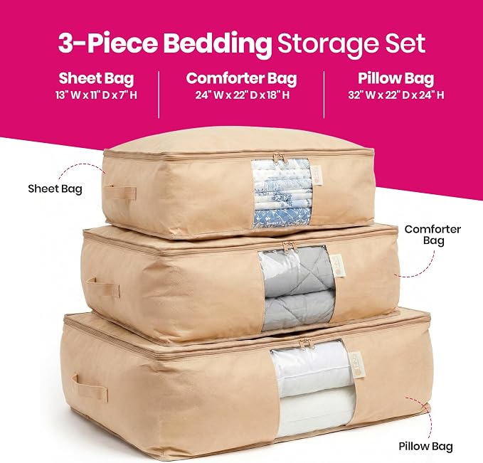 Cedar Storage Bag Organizer for Bedding Set - Protects from Moths, Moisture, Dirt & Dust - Set of 3 Storage Bags for Bed Sheets, Comforter, Pillows & More - Space-Saving Bedding Organizer, Beige - Image 3