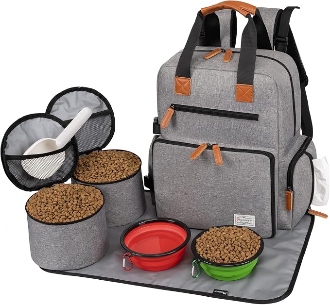 Modoker Dog Travel Bag, Airline Approved Backpack, Grey | Pet Accessories Organizer, 2 Food Storage Containers, 2 Collapsible Dog Bowls, Includes Pet Mat, Tote Weekend Bag by Modoker