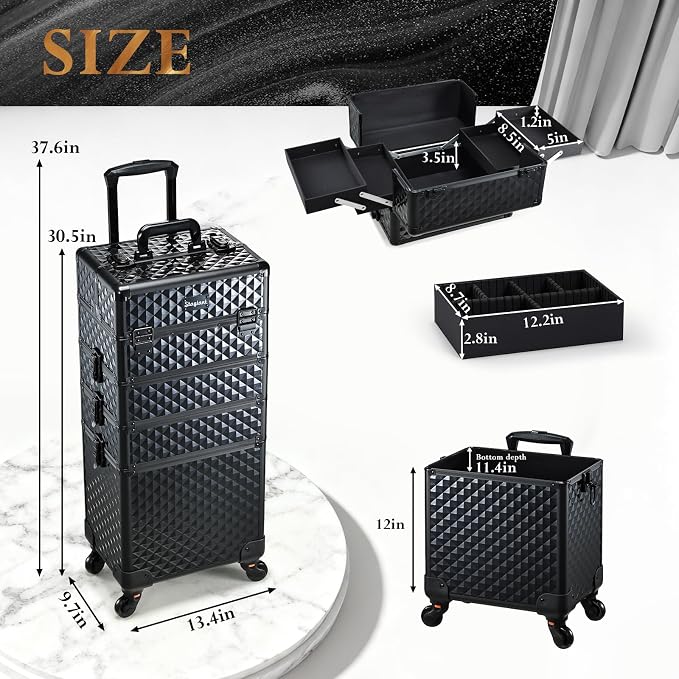 Stagaint Rolling Makeup Case 4 IN 1 Cosmetology Case on Wheels Salon Case | Makeup Organizer Box with Wheels Cosmetic Travel Case Nail Tech Storage Traveling Trunk Box All-Black Diamond - Image 5