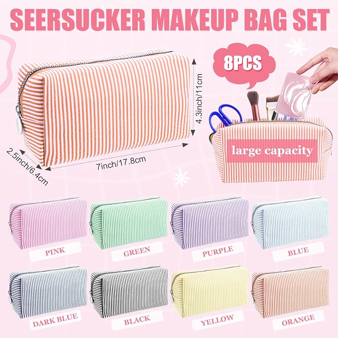 Giesiery 8 Pcs Seersucker Makeup Bags Striped Cosmetic Bags Bulk Organizer for Women Preppy Travel Toiletry Pouch for Wedding Bridesmaid Gifts (Mixed Color, Medium) - Image 2