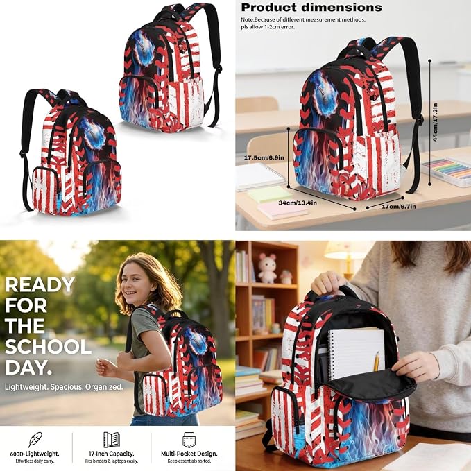 Baseball Backpack 4 Pieces American Flag School Backpack with Lunch Bag Handbag Pencil Case Water Bottle Sling Bag Elementary Middle Rucksack Travel Bookbag - Image 6