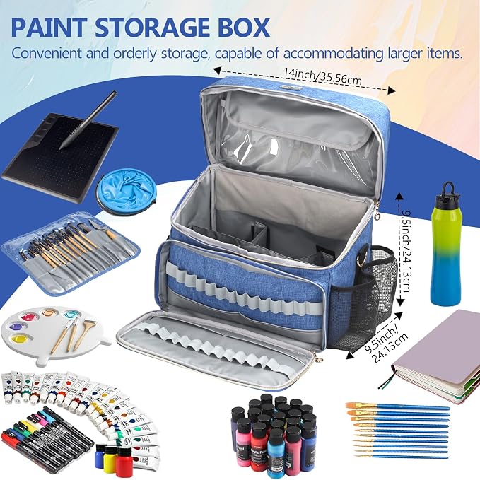Art Supplies Organizer Storage Bag with Detachable Paint Brush Holder & Partition - Carrying Case for Home/Travel/Outdoor Fits Marks, Acrylic Paint, Palettes, Folding Buckets, Portfolios (Pro Blue) - Image 5