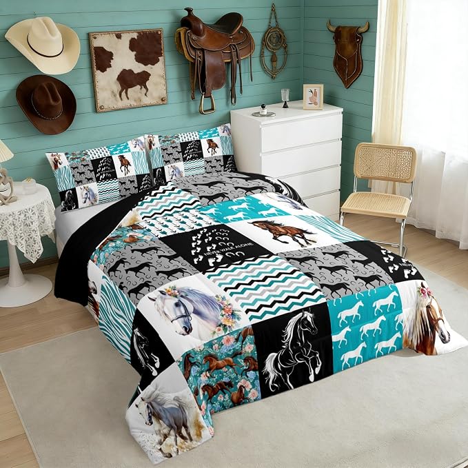 Kawaii Western Bedding,Cute Horse Queen Size Comforter Set For Teen Boys Girls,Rustic Farm Animal Bedding Set Cowboy Cowgirl Boho Comforter Arrow Rose Flower Horseshoe Quilt Set 2 Pillowcases Teal - Image 2