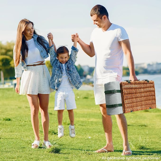 Picnic Basket Set for 4 with Waterproof Blanket Mat Insulation Bag Wicker Green Plaid Classic Cottagecore Gift for Christmas Thanksgiving Wedding Birthday Camp Outdoor Beach Travel - Image 8
