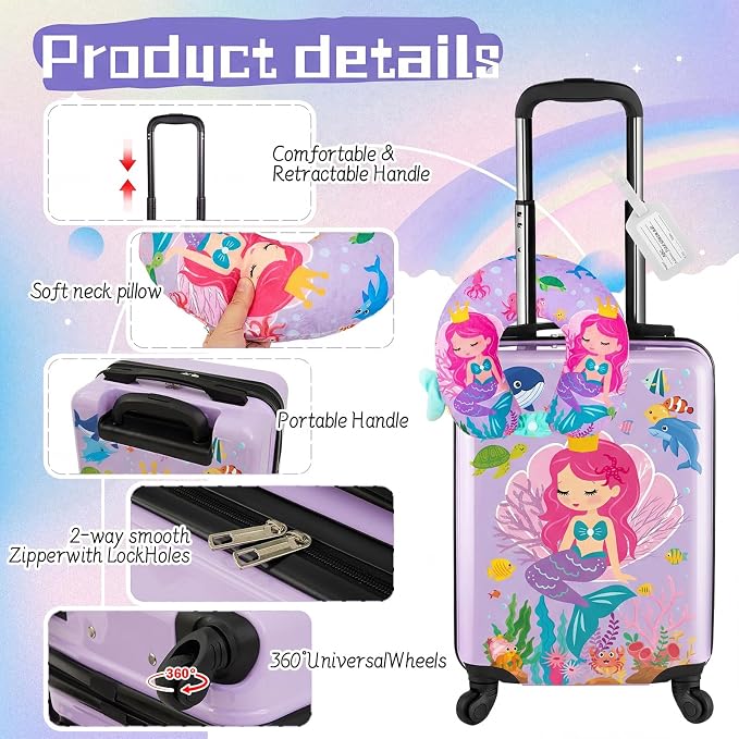 Sanwuta 4 Pcs Kids Luggage Set Back to School Gifts for Girls Boys Carry On Rolling Suitcase Backpack Neck Pillow Travel Set(18 Inch,Mermaid Style,Purple) - Image 5