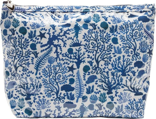 Jacaranda Living Medium Cosmetic Bag – Waterproof PVC-Lined Cosmetic & Toiletry Organizer, Zipper Pouch for Skincare, Makeup & Accessories, Blue Seashells by JacarandaLiving