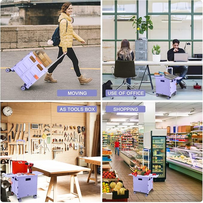 FELICON SELORSS Folding Utility Cart Portable Rolling Crate Handcart-Purple | Magnetic Sliding Lid,Telescoping Handle,Plastic Box Dolly,360°Swivel Wheels for Travel Shop Move Laundry Office Teacher Use - Image 6