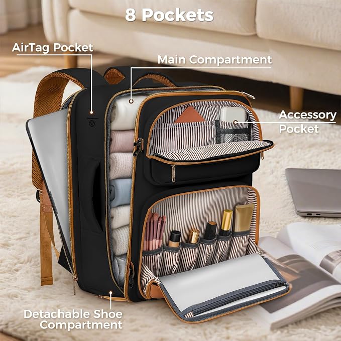 Taygeer Frontier Airlines Personal Item Bag 18x14x8, Carry on Backpack 40L | Underseat Travel Backpack for Women & Men with Makeup Compartment & Wet Bag, Fits Spirit Frontier Allegiant, Black Brown - Image 4