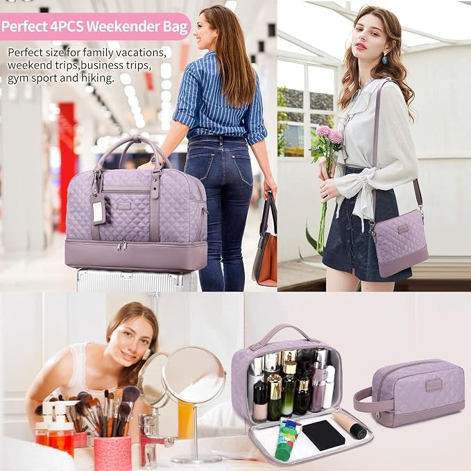 Wogarl 4PCS Weekender Bags for Women Large Overnight Weekend Travel Duffel Carry on Shoulder with Shoe Compartment Canvas Toiletry Bag for Travel Business Gym - Image 2
