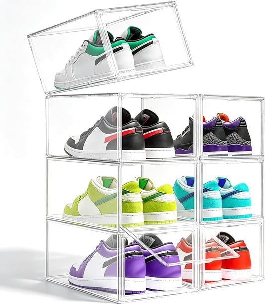 1 Pack Clear Shoe Boxes with Acrylic Drop Front Magnetic Door, Stackable Size 12 Shoe Organizer for Sneaker Collection, Space-Saving Plastic Shoe Storage Box for Closet, Entryway, Bedroom by EZJOB