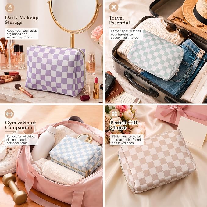 FoldTier 6 Pcs Checkered Makeup Bag Bulk for Women Travel Cosmetic Bag with Zipper Organizer Toiletry Pouch 8.7 x 5.9 x 3.9 Inch Pencil Pouch for Purse Back to School Party Favor - Image 7