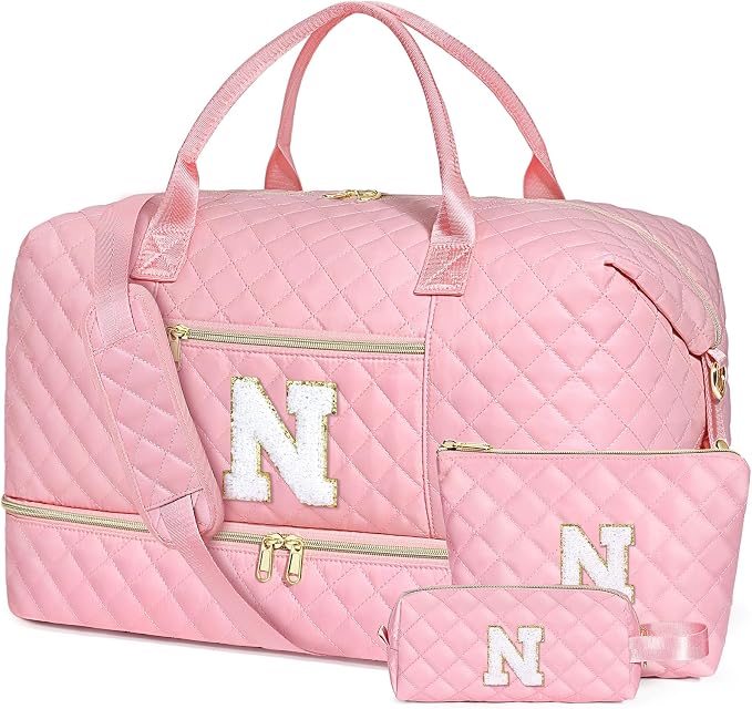 Graduation Birthday Gift for Her, Personalized Initial Weekender Bag for Women 45L Travel Duffle Carry On Quilted, 3PCS Overnight with Cosmetic & Toiletry Bag, Shoe Compartment, Gym Dance Bag for Girl by ITIEZY