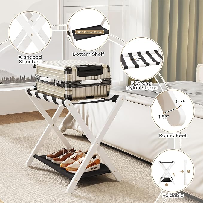 oakvivo Fully Assembled 2 Pack Luggage Rack with Fabric Storage Shelf, 26.77" Bamboo Folding Luggage Rack for Guest Room, Luggage Stand Holder, Thickened Suitcase Stand Holds up to 165 Lbs, White - Image 7