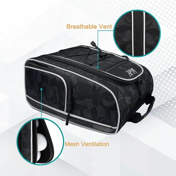 Wolt |Golf Shoe Bag for Travel- Zippered Shoes Carrier Bags with Ventilation & Double Outside Accessory Pocket for Socks, Tees, Golf Balls, Etc. for Women and Men (CamoBlack) - Image 5