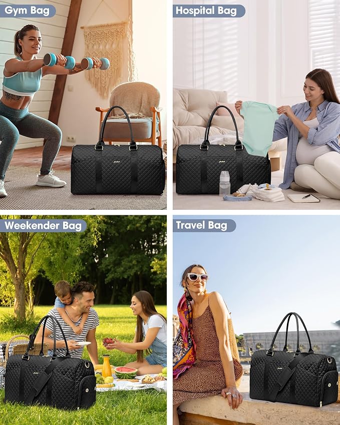 Women Weekender Travel Duffle Bag: Travel Duffel Overnight Bags with Shoe Compartment Large Carry on Tote with 2 Toiletry Bags Weekend Traveling Yoga Gym Hospital Bag for Womens with Wet Pocket Black - Image 7