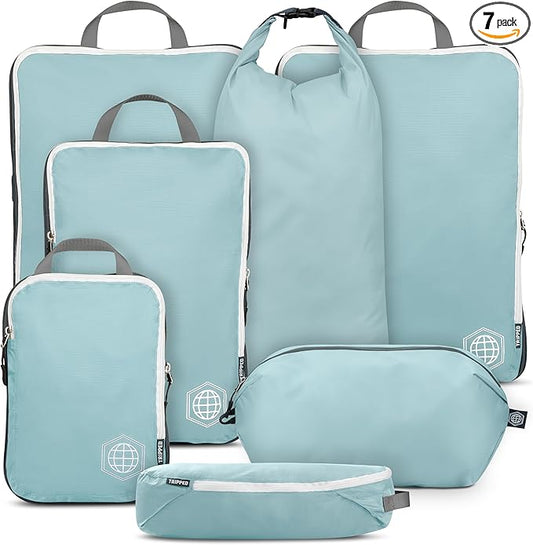 Large Compression Packing Cubes for Travel-Packing Cube Luggage Organizers 7 Piece Set for Checked Luggage-Ultralight, Expandable/Compression Bags by TRIPPED Travel Gear (DustyTeal/White) by TRIPPEDTravelGear