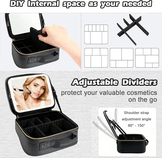 Travel Makeup Bag with Light Up Mirror, Portable Makeup Bag with Led Light Women Waterproof Makeup Travel Case adjustable dividers Rechargeable Vanity Mirror with 3 Color Lights (NO Shoulder Strap) - Image 3